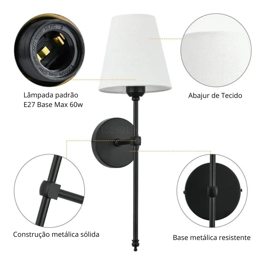 Arandela de parede metal em em preto fosco e abajur tecido medidas