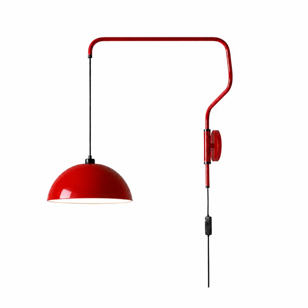 Arandela em ferro vermelho com braço longo articulado e cúpula tipo domo, fotografada em fundo branco — Arandela de parede ferro LED nórdica retrô Domo — Tonzi