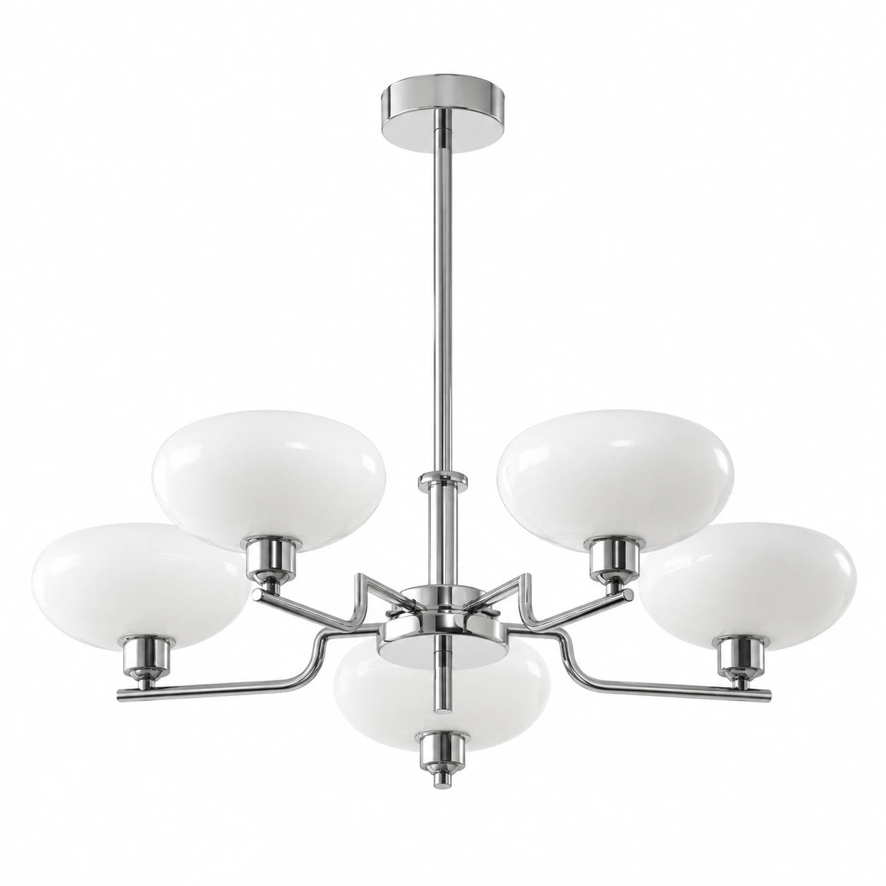 Lustre pendente Astro cromado com cinco cúpulas de vidro branco em fundo branco — Tonzi