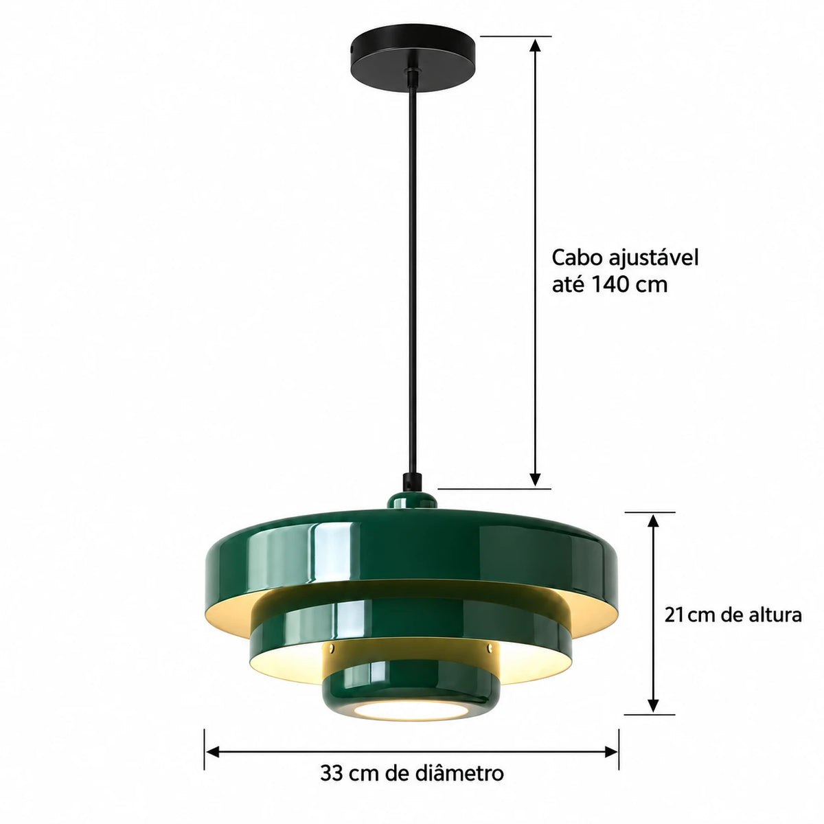 Medidas da Luminária Pendente Castel verde: 33 cm de diâmetro, 21 cm de altura e cabo ajustável até 140 cm