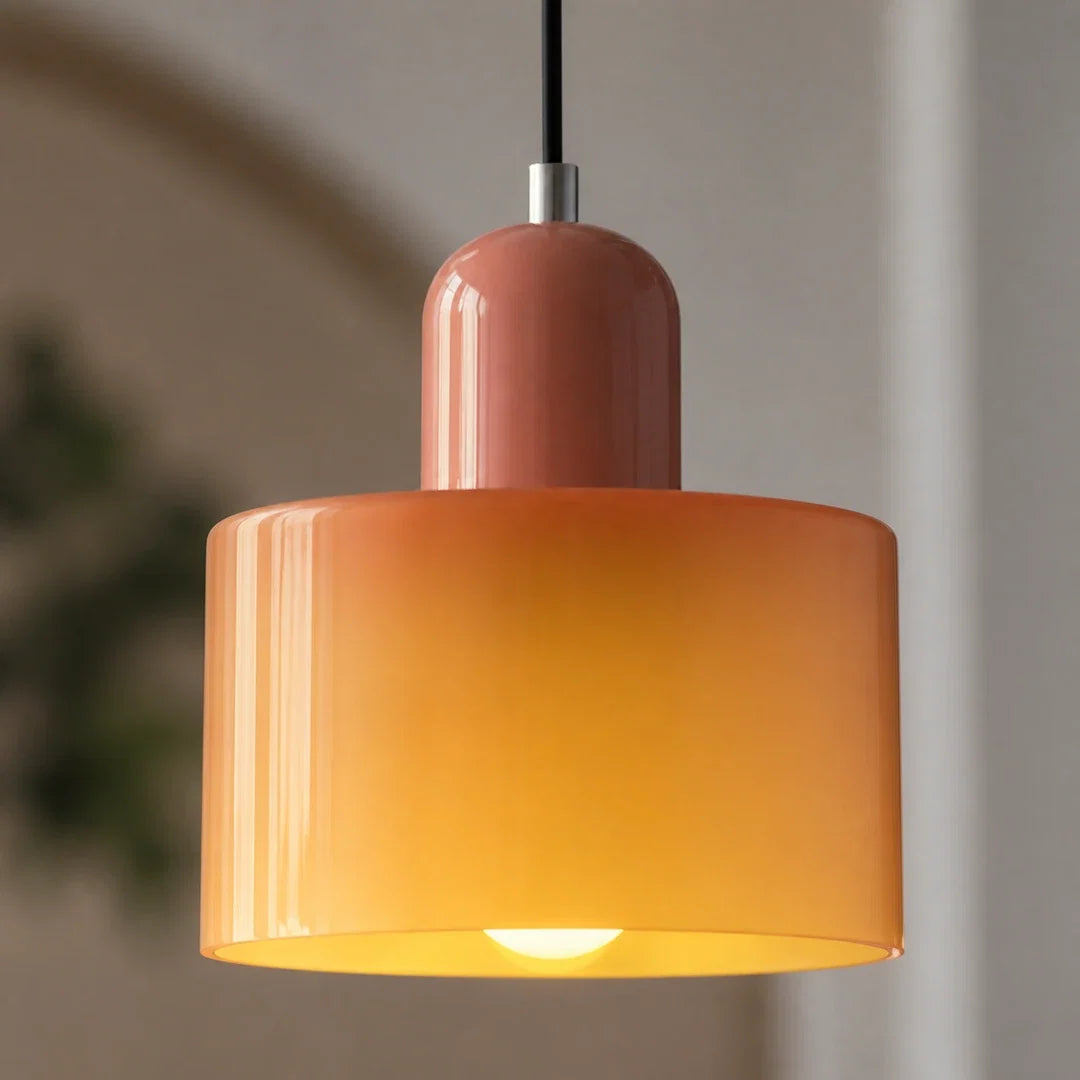 Detalhe do vidro da Luminária Pendente Croma laranja e verde oliva