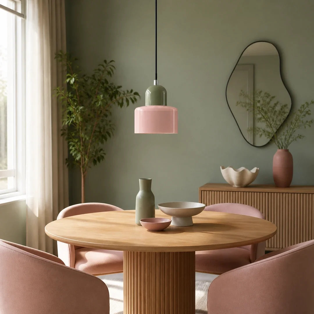 Luminária pendente Croma rosa e verde oliva instalada em sala de jantar organic modern