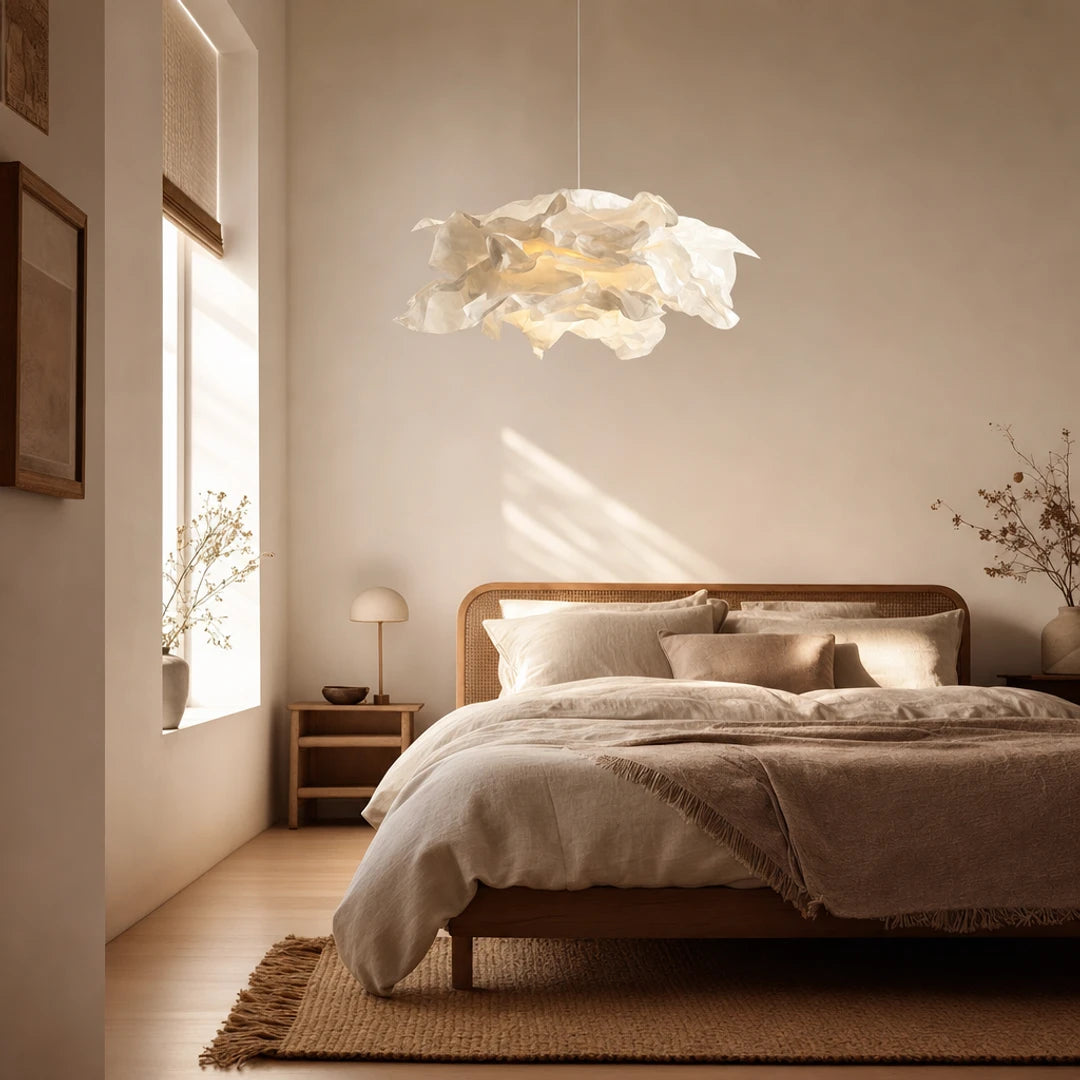 Pendente origami Hana Ø85cm em quarto Japandi aconchegante — Pendente Hana Origami Ø85cm — Tonzi