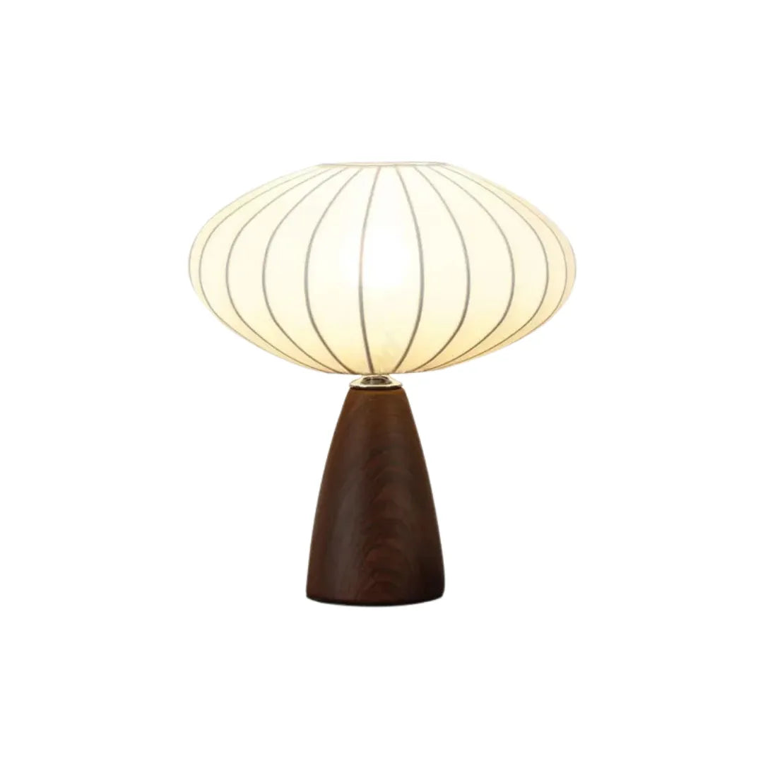 Luminária de mesa com cúpula de tecido cáqui em formato globo gomado e base de madeira torneada escura fotografada em fundo branco — Luminária de Mesa Nórdica Retrô Dimerizável Solari — Tonzi