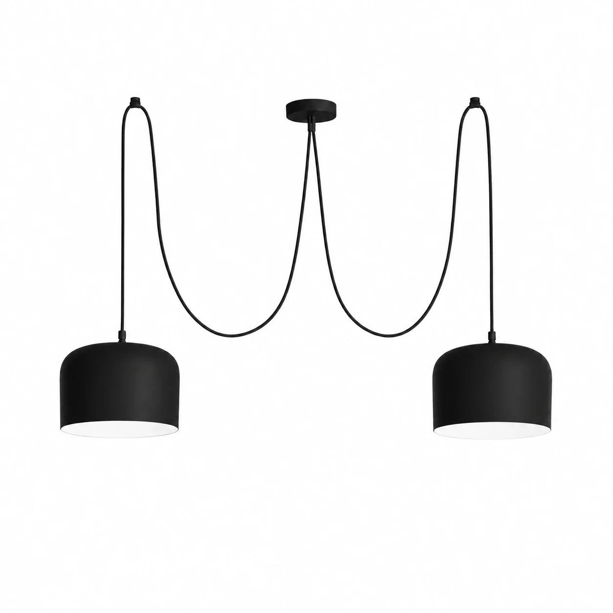 Luminária Pendente Moderna em Alumínio Preto com 2 Cúpulas Ø24cm em fundo branco