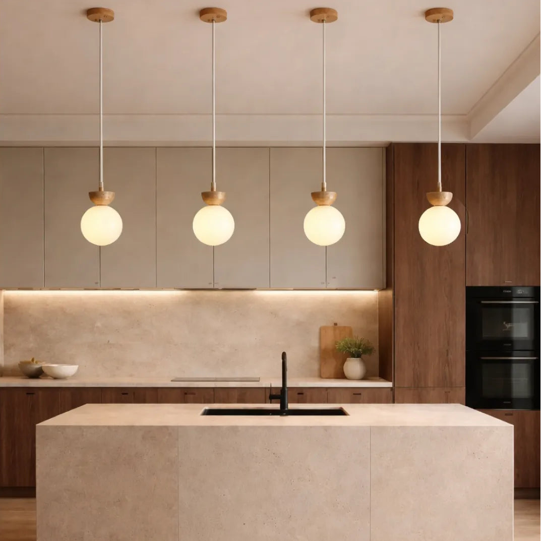 Luminária Pendente Bauhaus Pedra e Madeira LED Creme