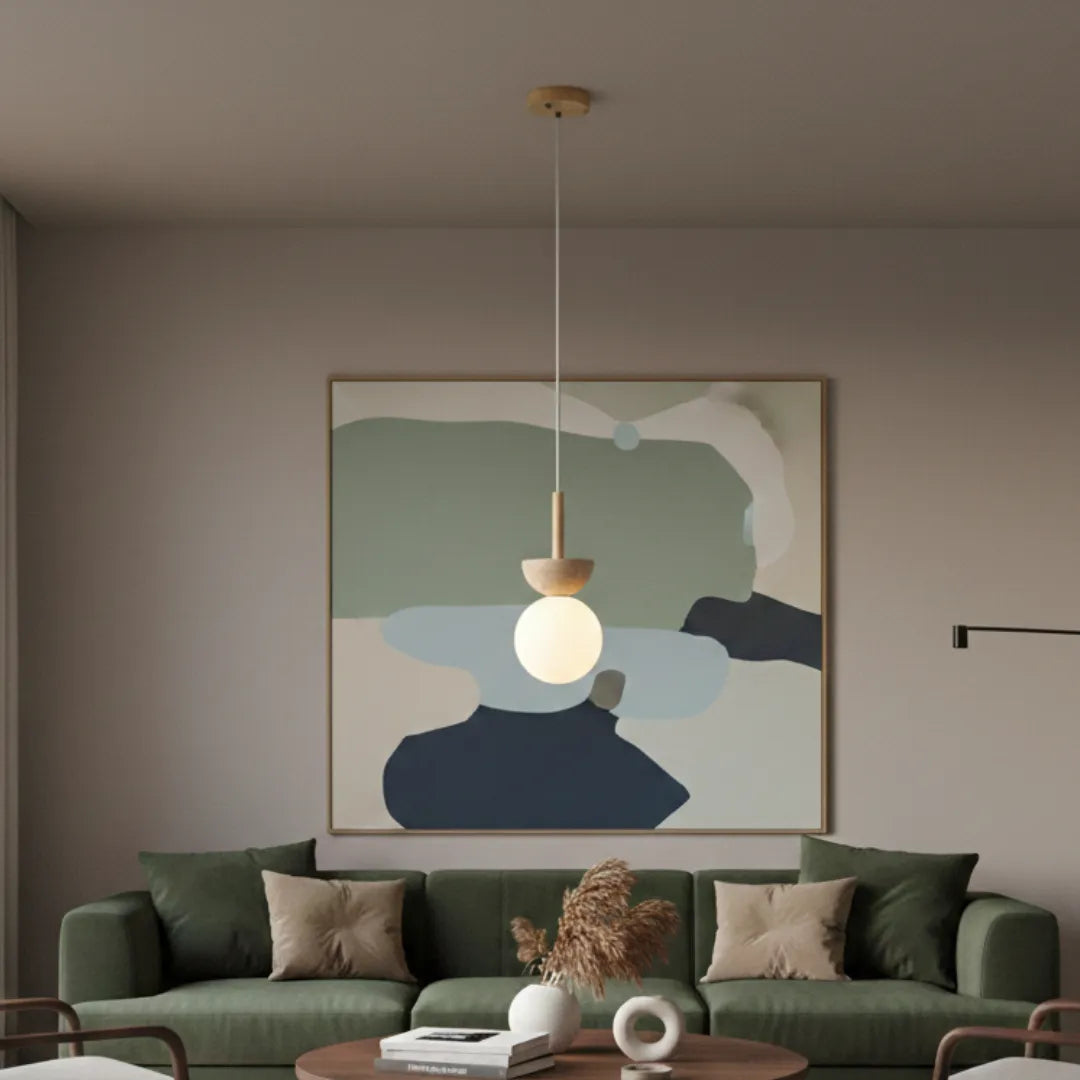 Luminária Pendente Bauhaus Pedra e Madeira LED Creme