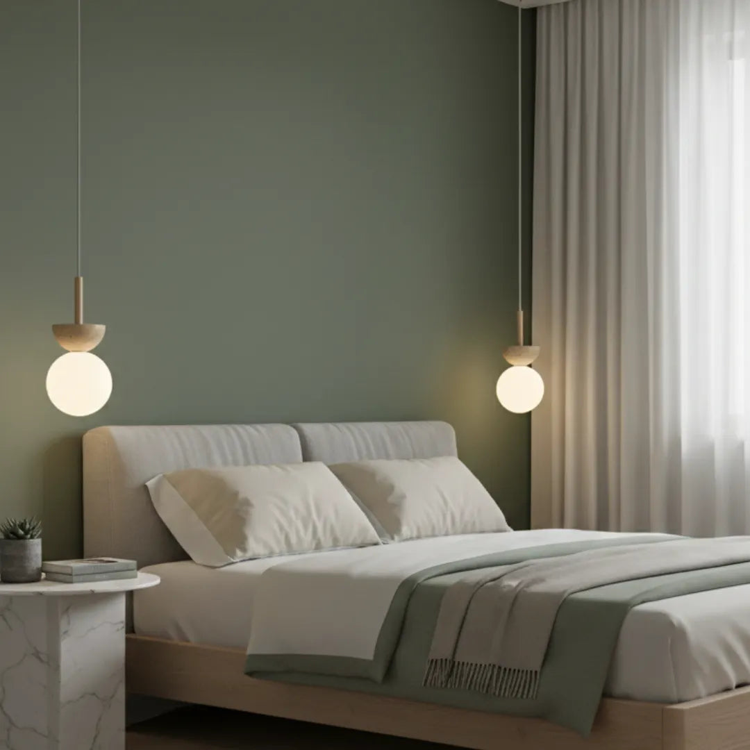 Luminária Pendente Bauhaus Pedra e Madeira LED Creme