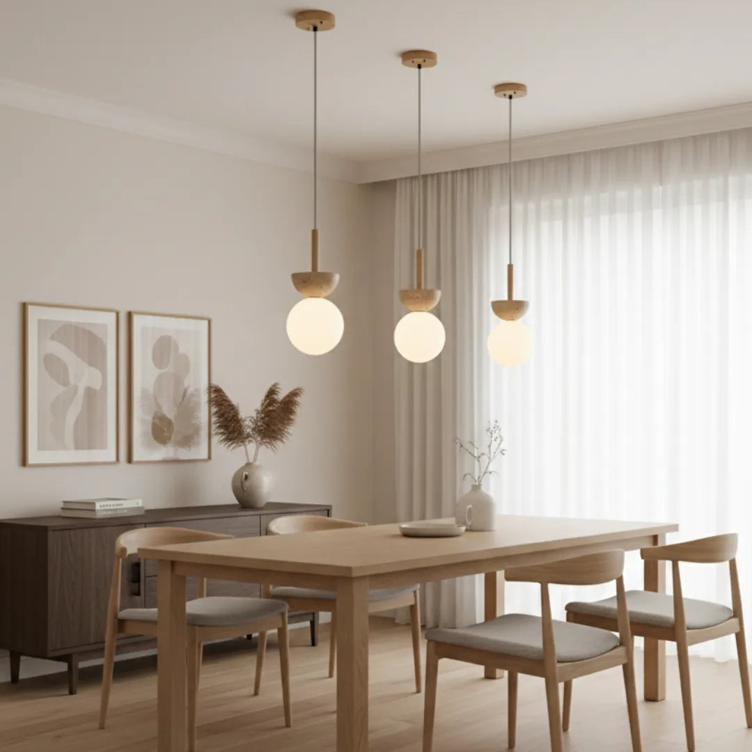 Luminária Pendente Bauhaus Pedra e Madeira LED Creme