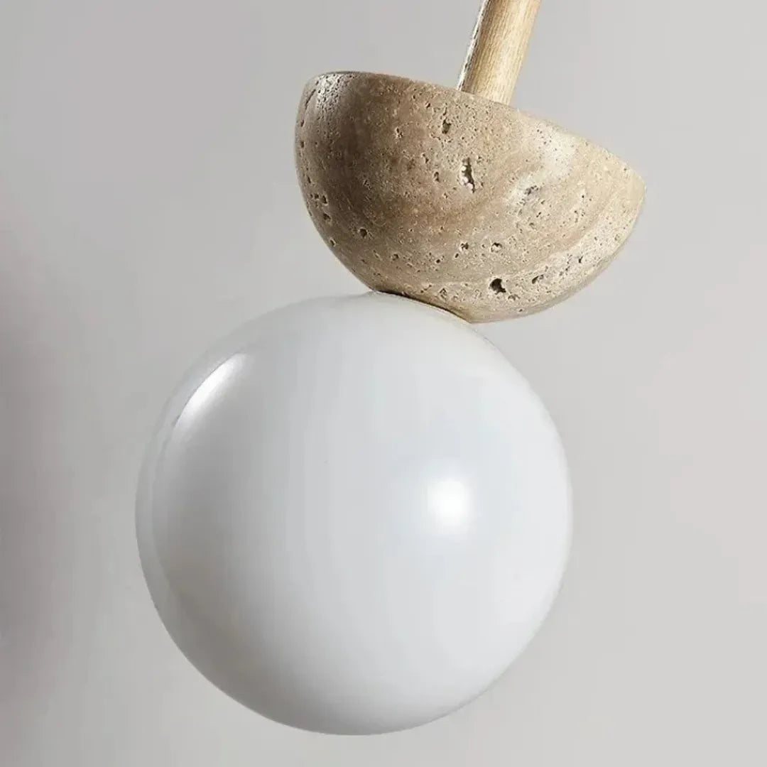 Luminária Pendente Bauhaus Pedra e Madeira LED Creme