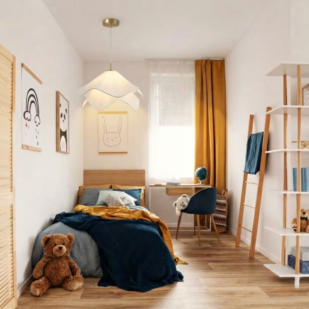 Luminária Pendente Moderna Flor em Tecido em quarto infantil, luz aconchegante (ambiente)