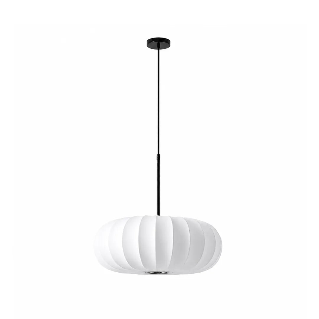 Pendente em seda branca formato abóbora gomada com cabo preto, fotografada em fundo branco — Luminária pendente seda abóbora wabi sabi Hina — Tonzi