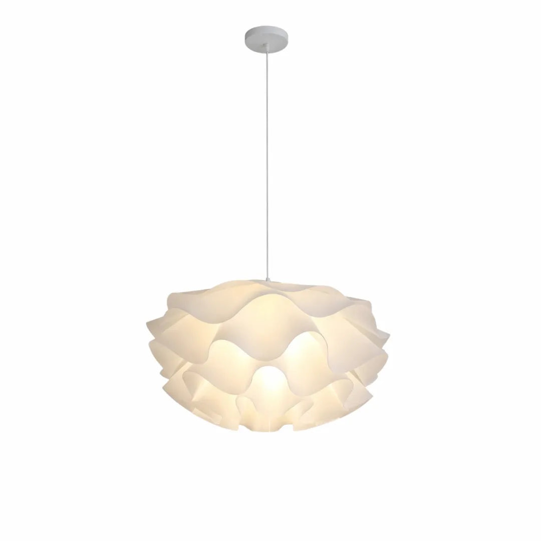 Luminária pendente de pétalas de tecido branco em formato de flor, fotografada em fundo branco — Luminária Pendente Tecido LED Minimalista Kaito — Tonzi