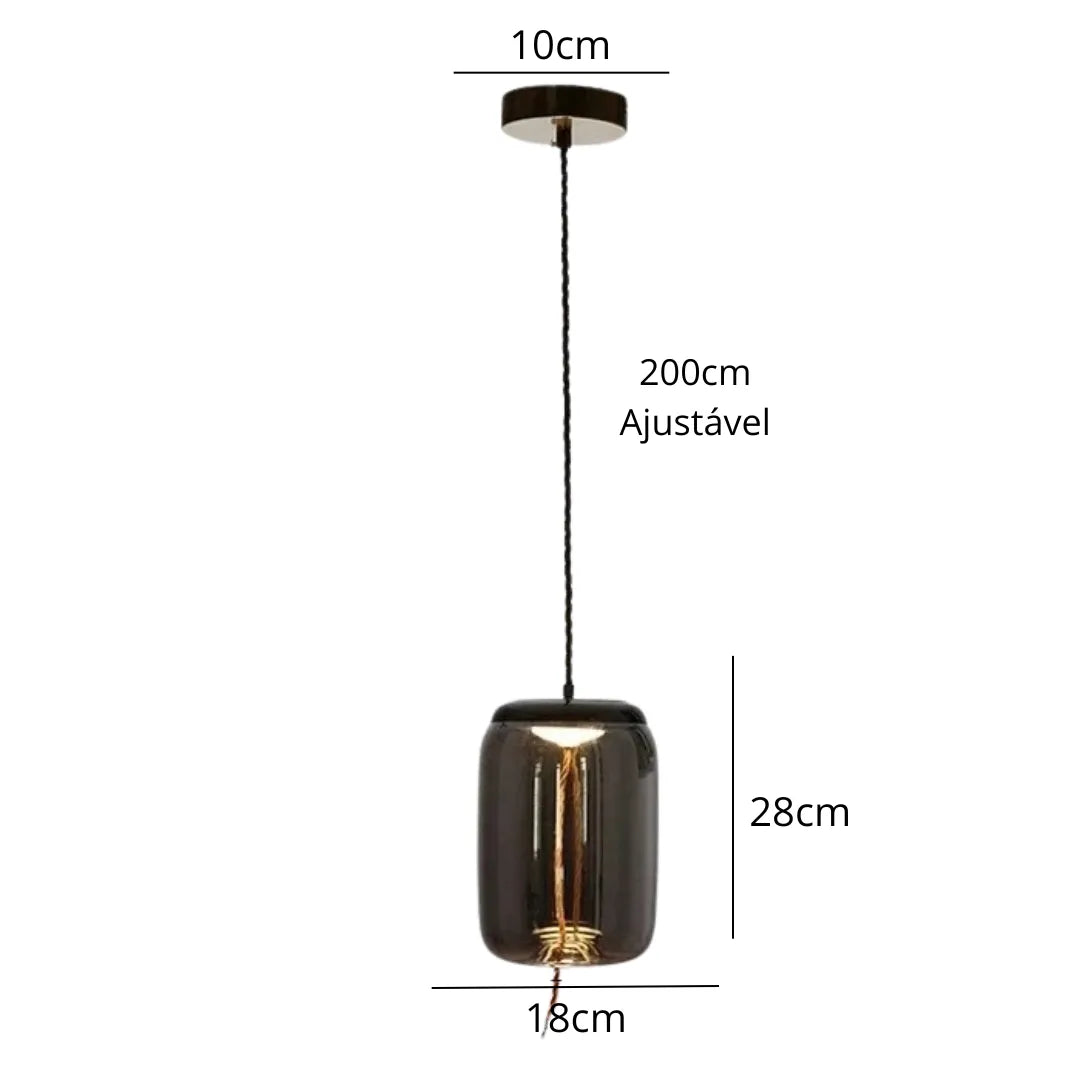 Pendente fumê em fundo branco com medidas de 18 cm de diâmetro, 28 cm de altura e cabo ajustável de 200 cm — Luminária Pendente Vidro Soprado LED Minimalista Bruma — Tonzi