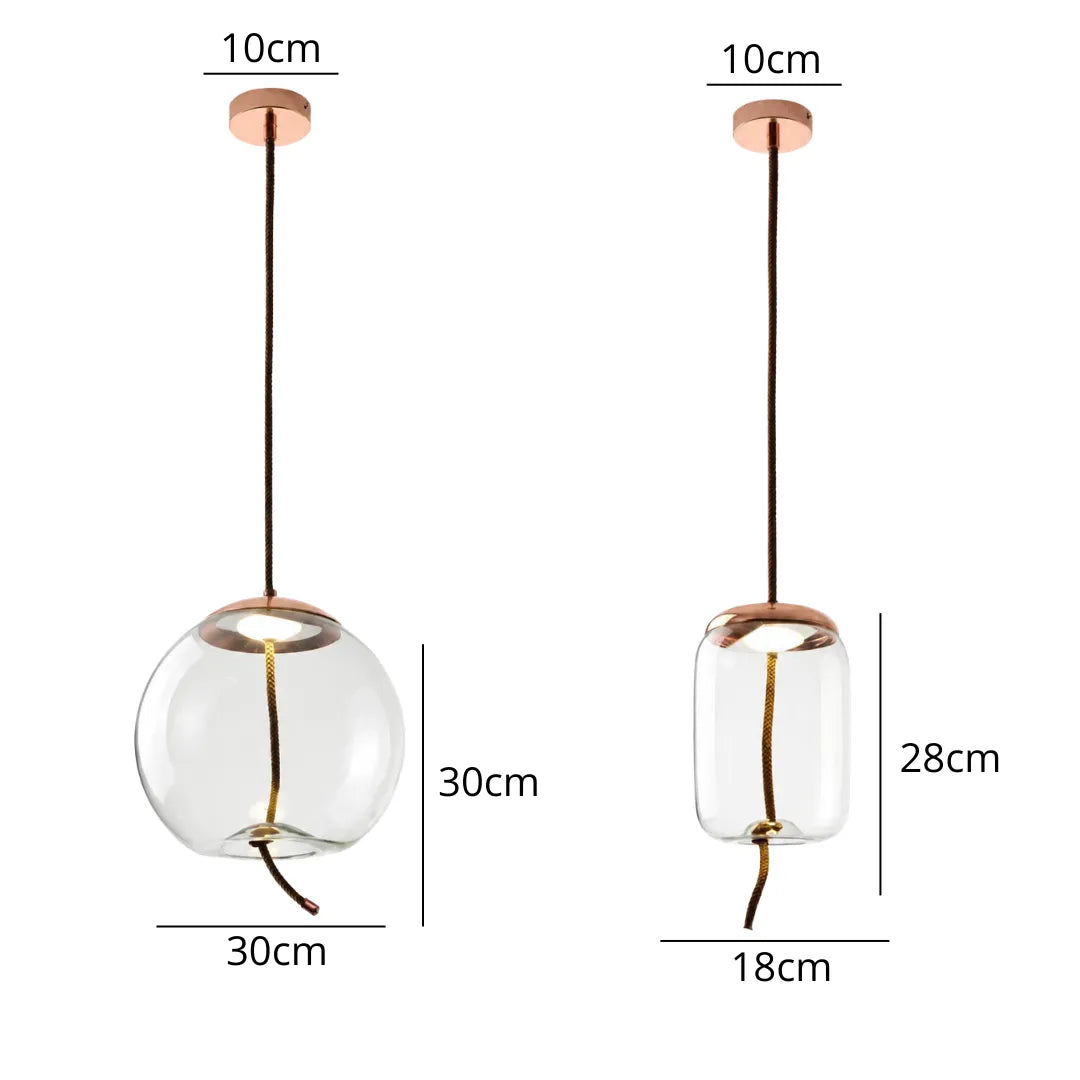 Pendente de vidro transparente nas versões globo 30 cm e cilindro 18 cm em fundo branco com medidas — Luminária Pendente Vidro Transparente LED Minimalista Clara — Tonzi