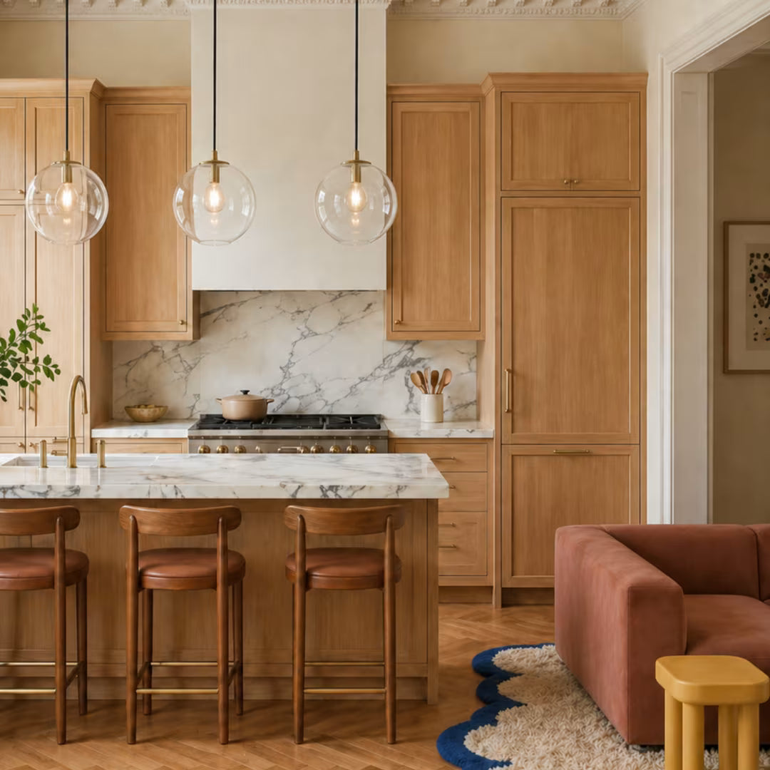 Luminária pendente vidro Kaelix sobre poltrona em ambiente Warm Minimalism — Luminária Pendente Vidro Kaelix — Tonzi