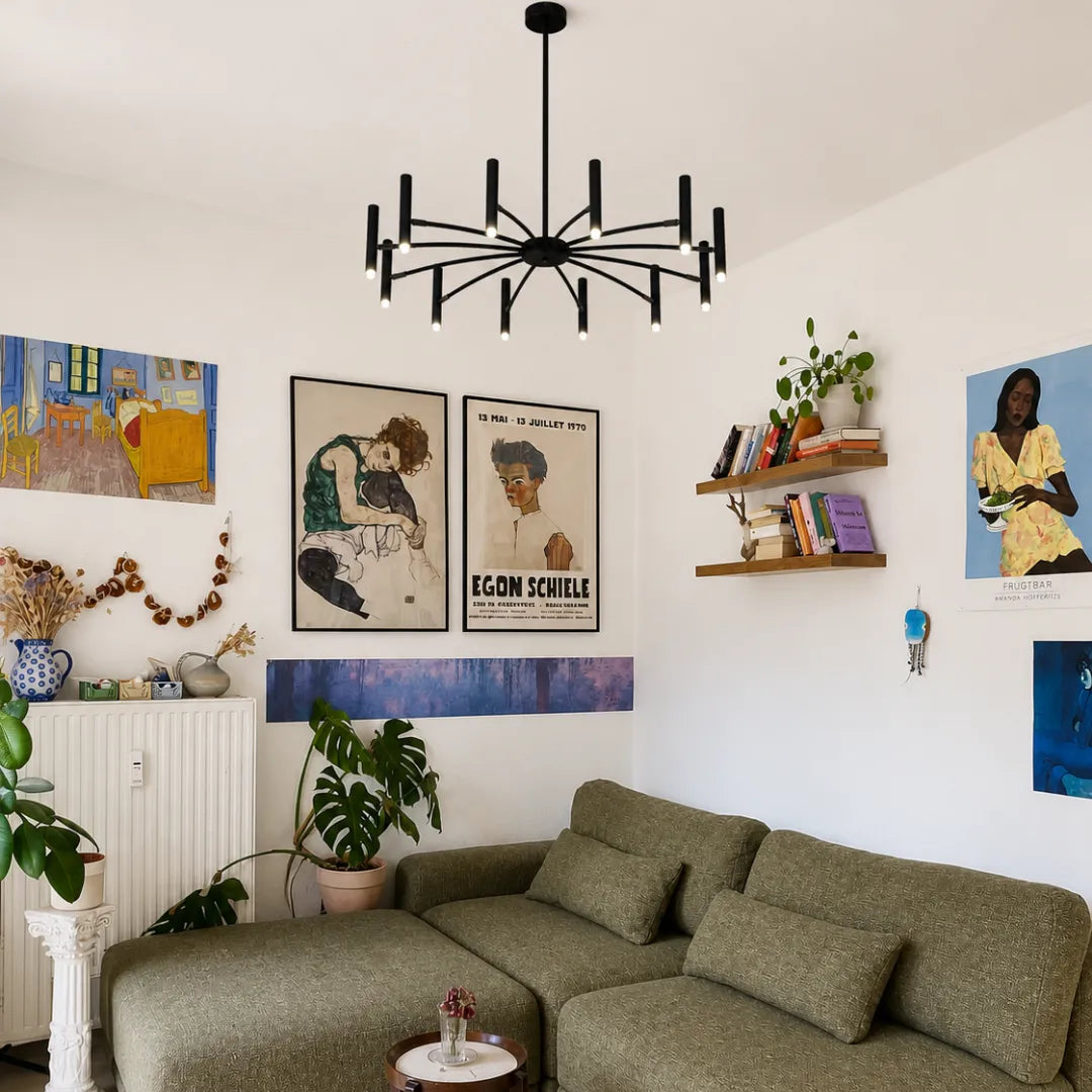Detalhe do controle remoto e do brilho da lâmpada LED do lustre moderno ajustável — Lustre LED Moderno Ajustável Metal Ouro Sala de Jantar — Tonzi