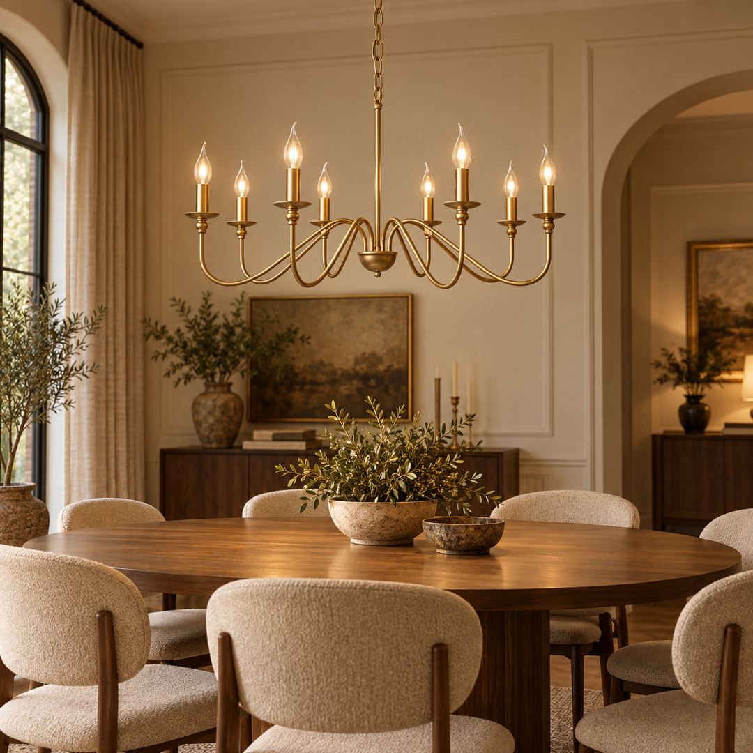 Lustre Pendente Loft Vintage dourado com 8 luzes sobre mesa de jantar — Tonzi