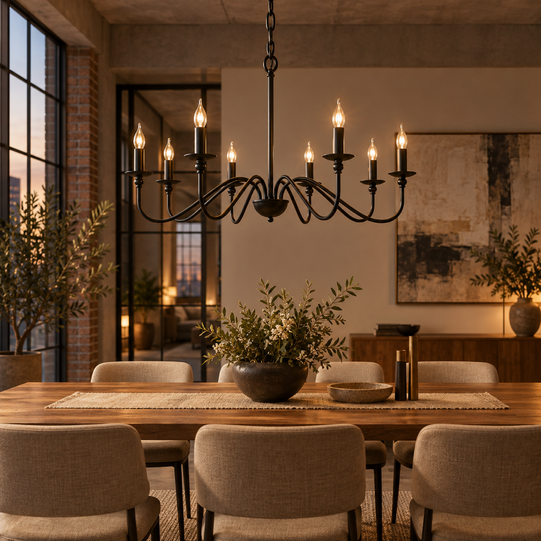 Lustre Pendente Loft Vintage preto com 8 luzes sobre mesa de jantar — Tonzi
