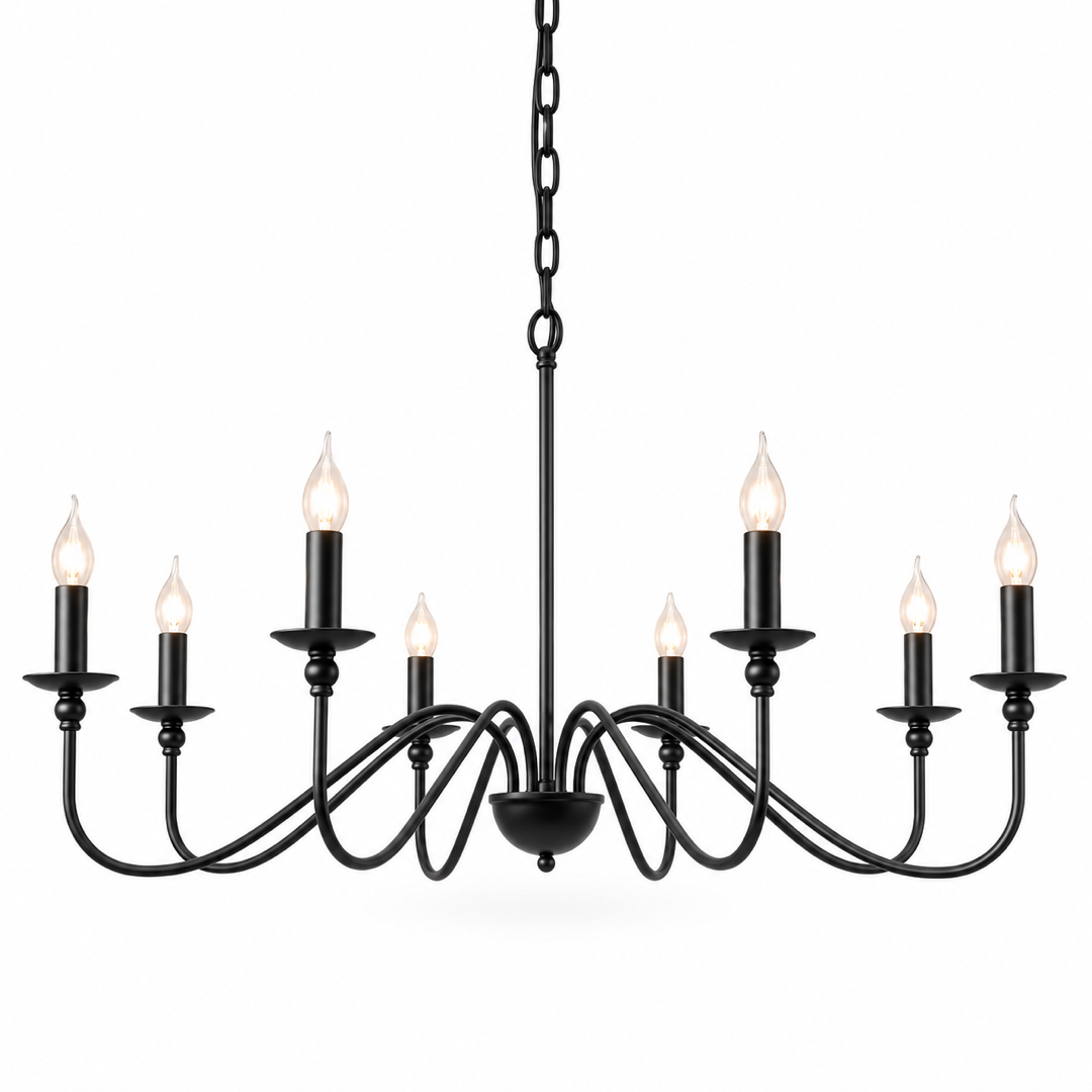 Lustre Pendente Loft Vintage em Ferro 8 Luzes E14 preto em fundo branco — Tonzi