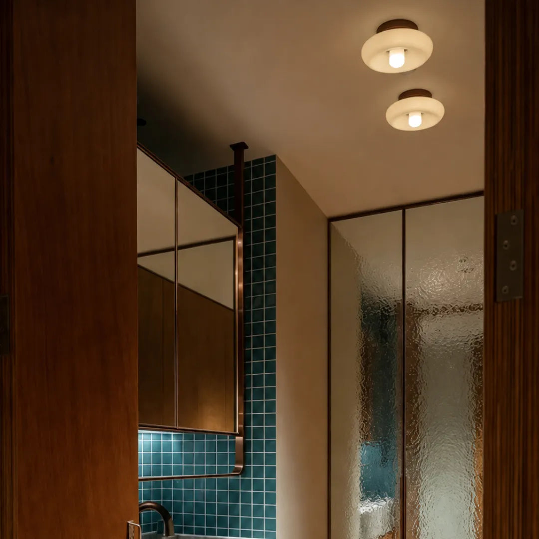 Plafon de teto madeira e vidro LED japandi Sugi