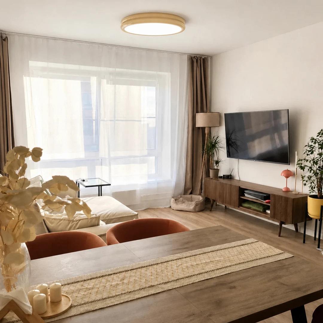 Plafon Nuvia bege aceso em sala de estar sofisticada — Plafon lustre duplo LED Art Déco bege Nuvia — Tonzi