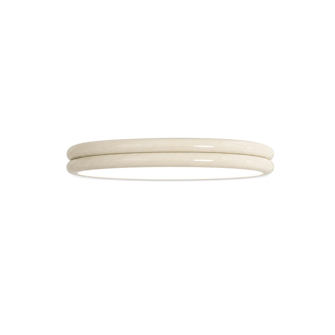 Plafon lustre duplo art déco em ferro creme com dois difusores em acrílico em fundo branco — Plafon lustre duplo LED Art Déco creme Nuvia — Tonzi