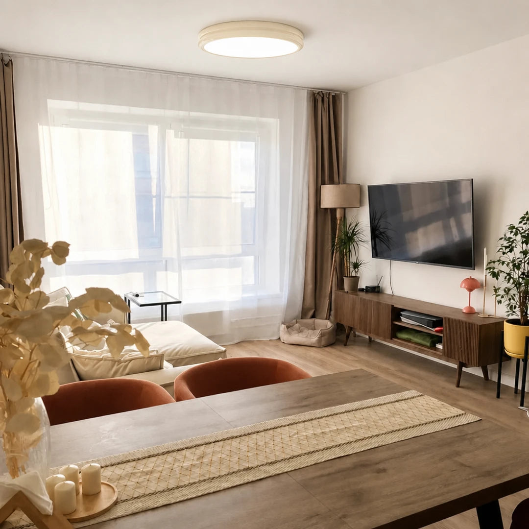 Plafon Nuvia creme aceso em sala de estar sofisticada — Plafon lustre duplo LED Art Déco creme Nuvia — Tonzi