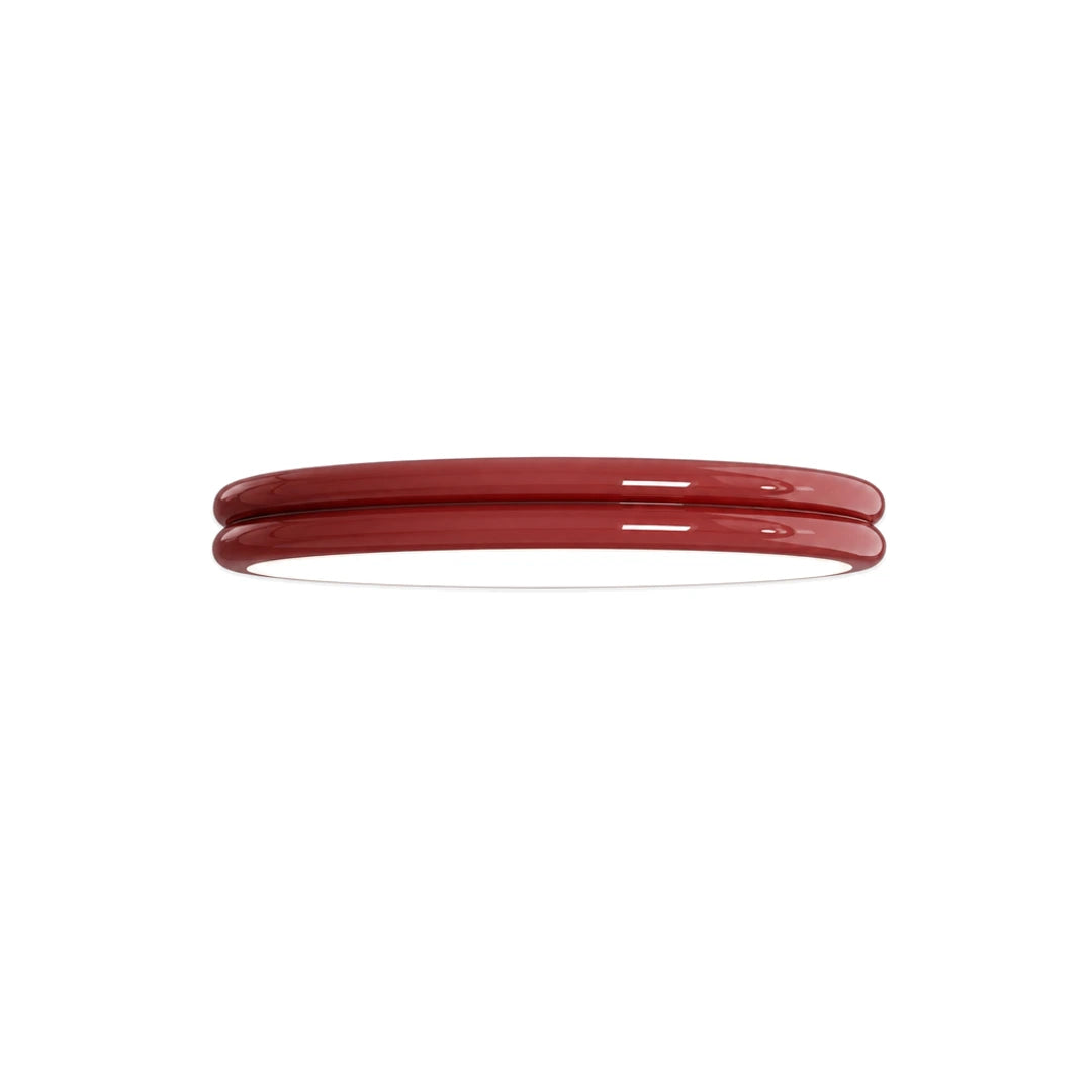 Plafon lustre duplo art déco em ferro vermelho com dois difusores em acrílico em fundo branco — Plafon lustre duplo LED Art Déco vermelho Nuvia — Tonzi