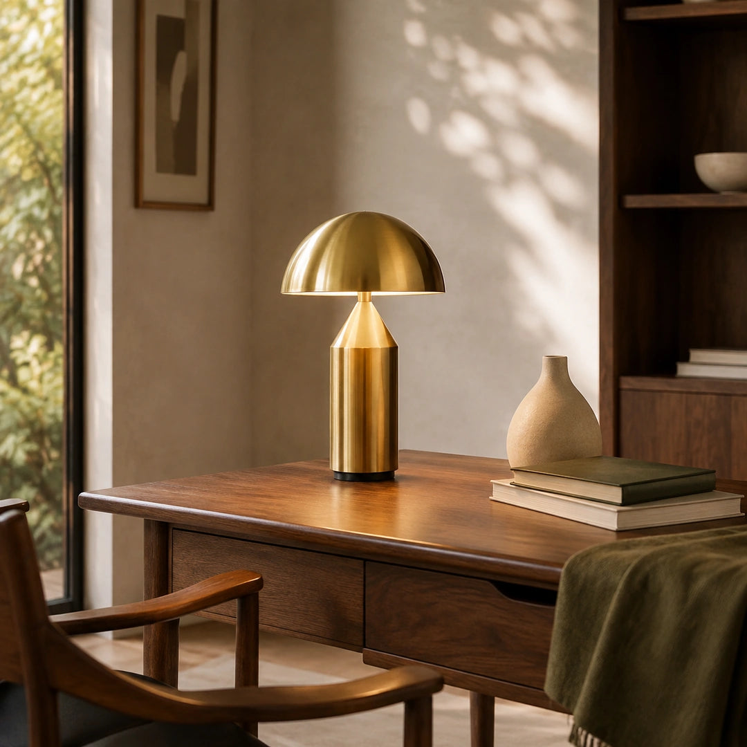 Luminária de mesa Syra dourada em home office mid-century com mesa de madeira