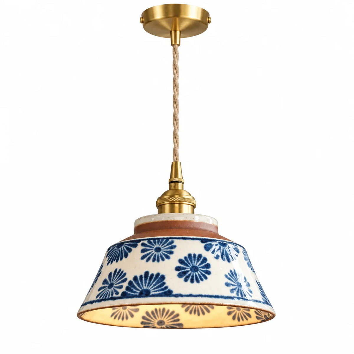 Luminária pendente de cerâmica azul floral Aoi em fundo branco