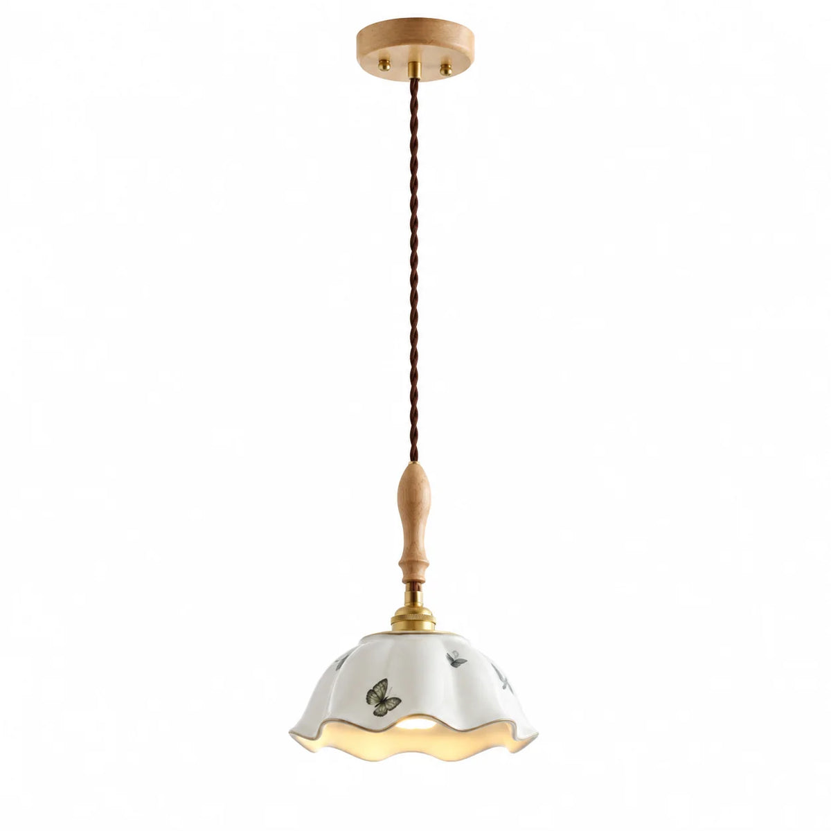 Luminária pendente Chou de cerâmica branca com borboletas em fundo branco — Tonzi