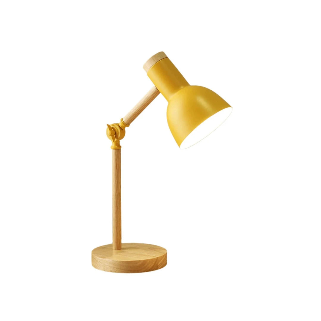 Luminária de mesa moderna articulada Nia em madeira Tonzi versão amarelo em escrivaninha minimalista