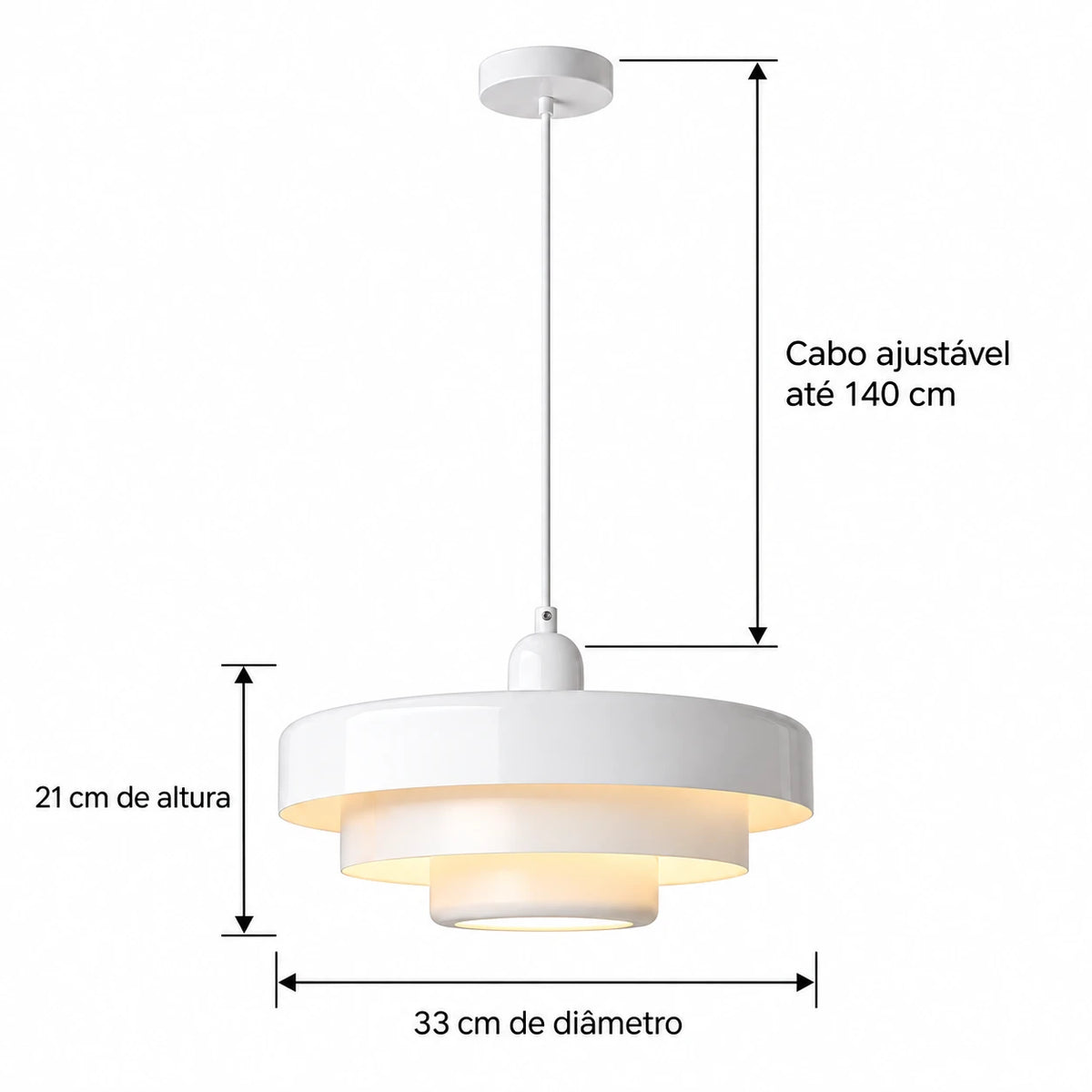 Medidas da Luminária Pendente Castel branca: 33 cm de diâmetro, 21 cm de altura e cabo ajustável até 140 cm