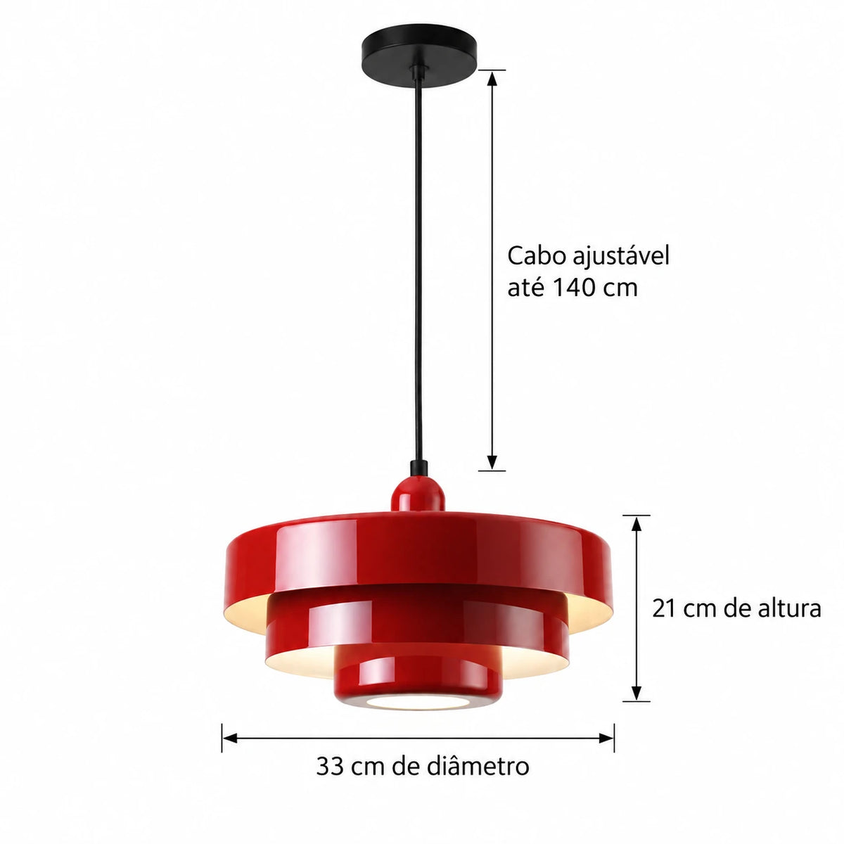 Medidas da Luminária Pendente Castel vermelha: 33 cm de diâmetro, 21 cm de altura e cabo ajustável até 140 cm