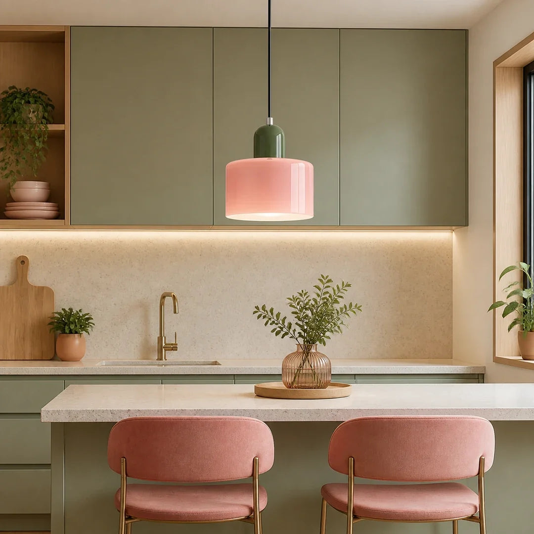 Luminária Pendente Croma rosa e creme instalada em ambiente contemporâneo