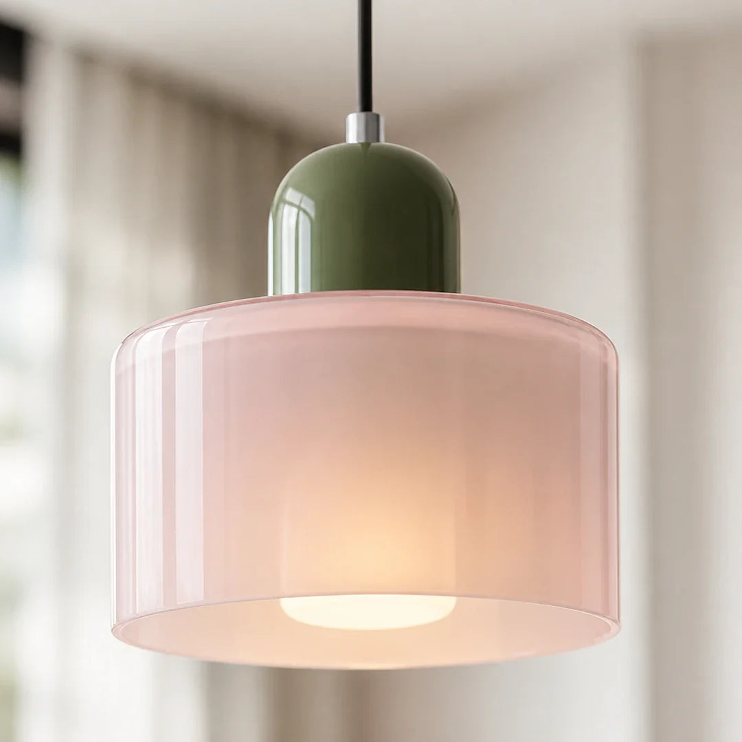 Detalhe do vidro da Luminária Pendente Croma rosa e creme