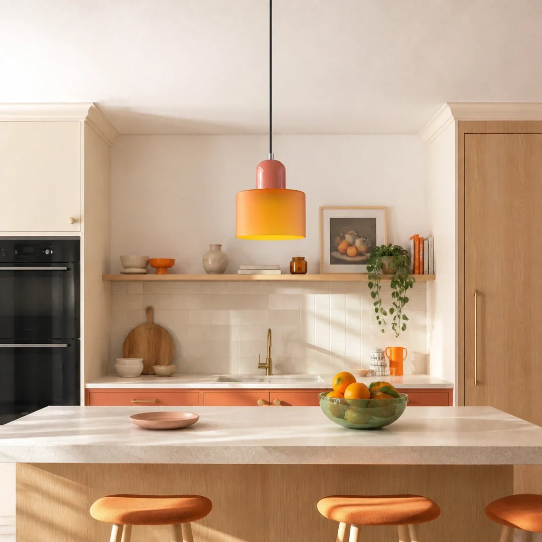 Luminária pendente Croma laranja e coral instalada sobre ilha de cozinha retrô contemporânea