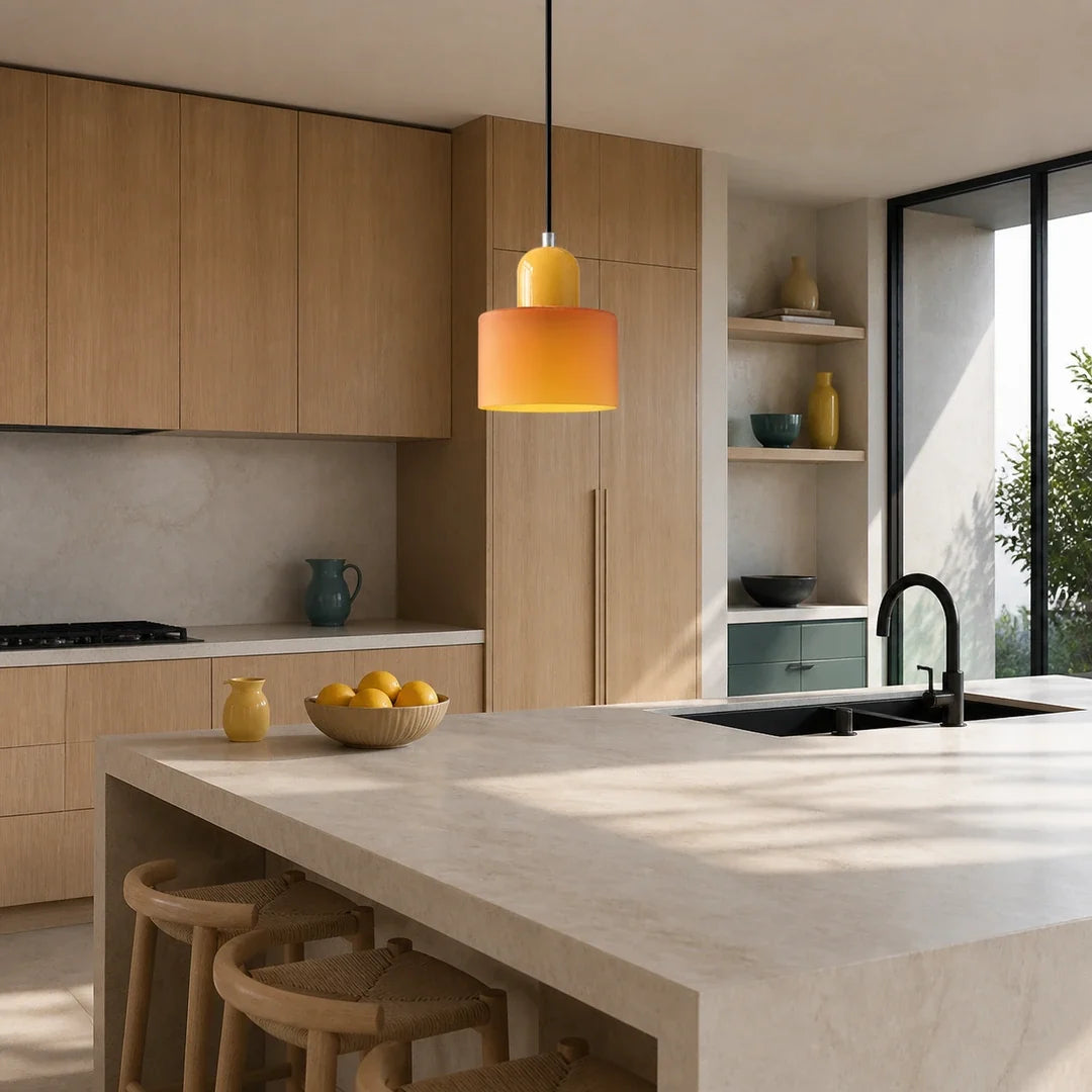Luminária pendente Croma laranja e mostarda instalada sobre ilha de cozinha contemporânea