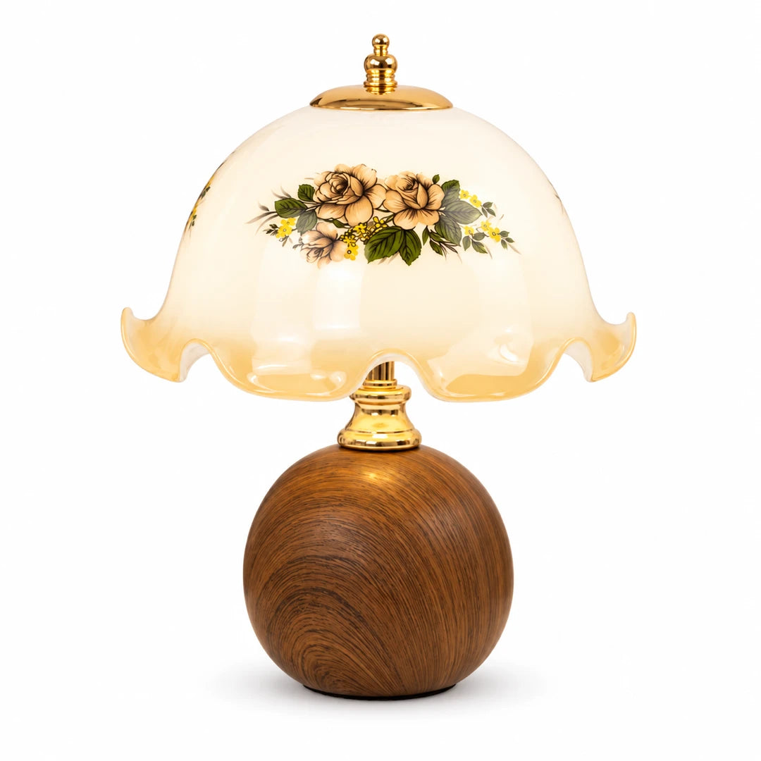 Luminária de Mesa Madeira e Vidro Floral Floré em fundo branco — Tonzi