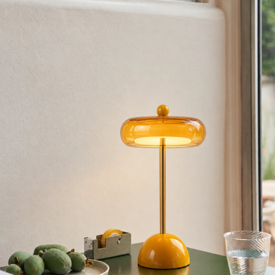 Luminária de Mesa LED Vidro Orbe Amarela