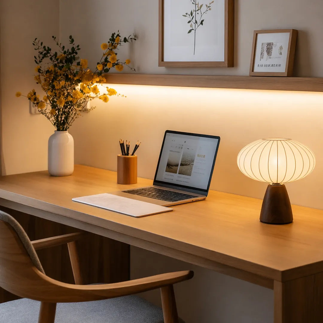 Luminária de mesa em tecido branco acesa sobre escrivaninha de madeira em home office com laptop, vaso de galhos secos e quadros artisticos — Luminária de Mesa Nórdica Retrô Dimerizável Solari — Tonzi