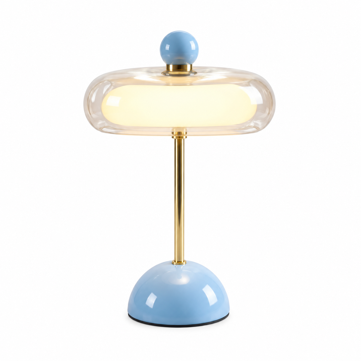 Luminária de mesa LED de vidro Orbe Azul em fundo branco — Tonzi