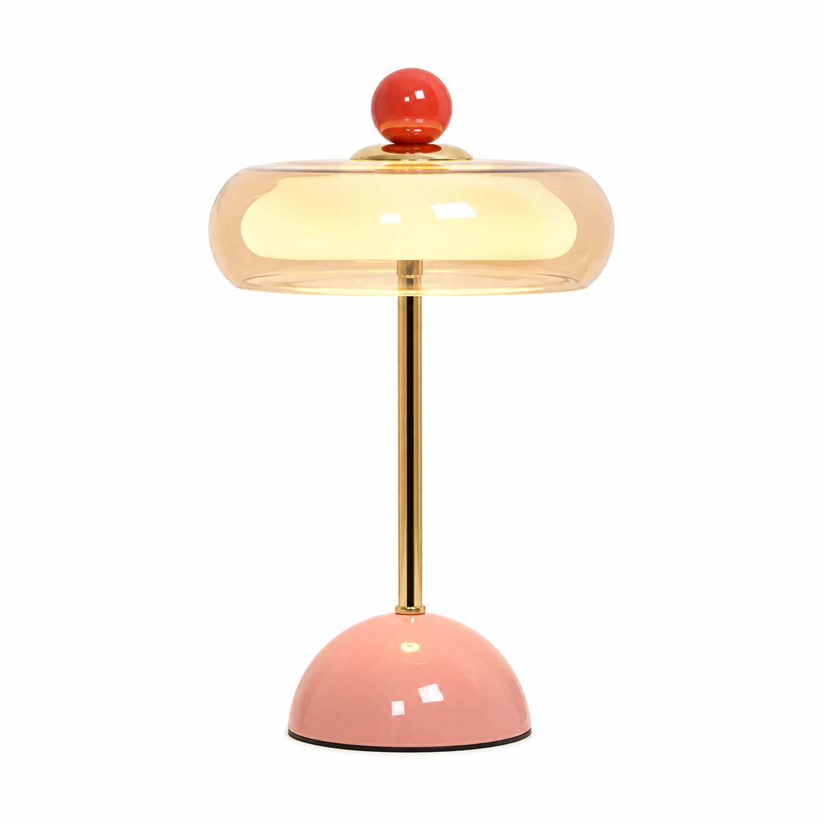 Luminária de mesa LED de vidro Orbe Rosa em fundo branco — Tonzi