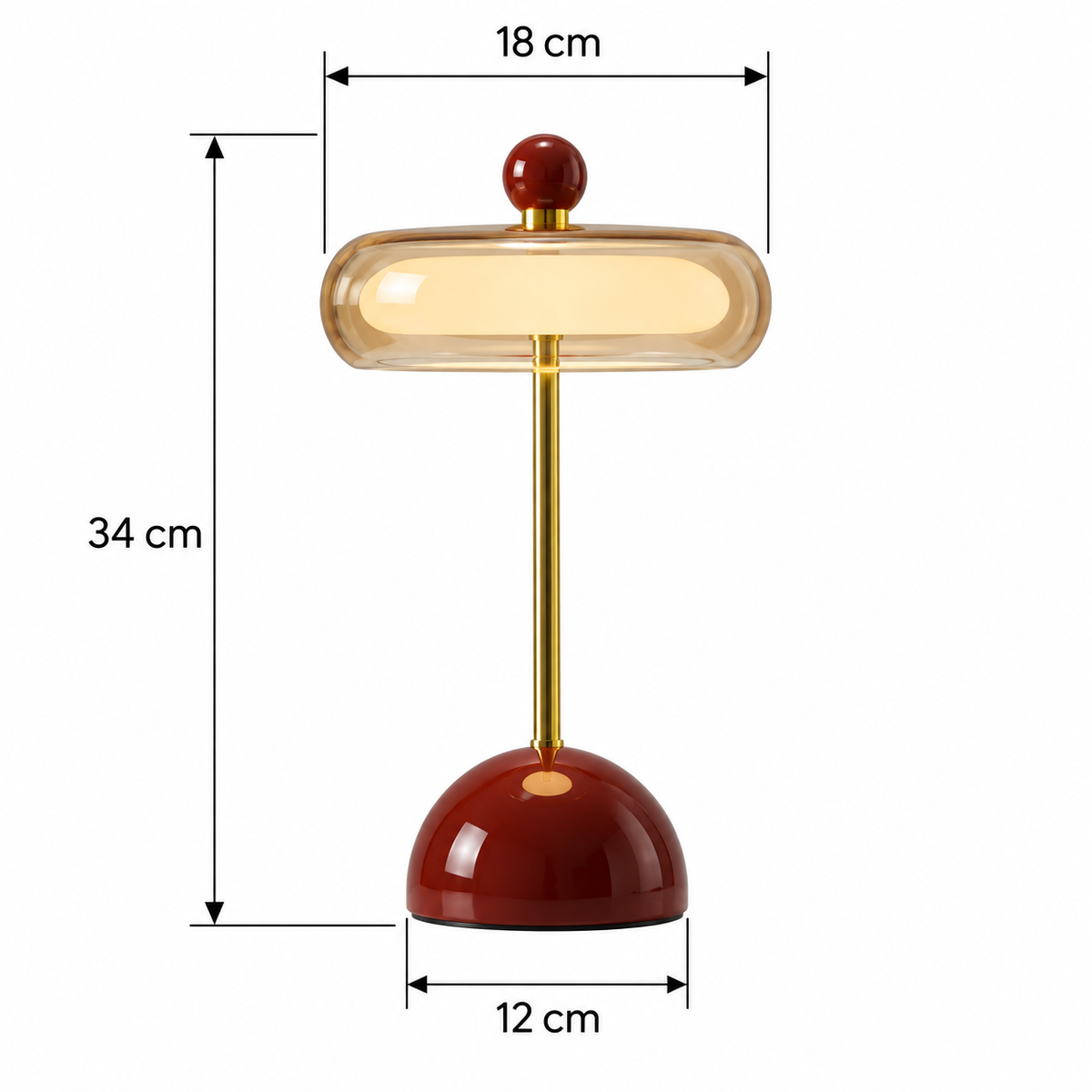 Medidas da luminária de mesa Orbe Vermelha: 34 x 18 x 12 cm — Tonzi