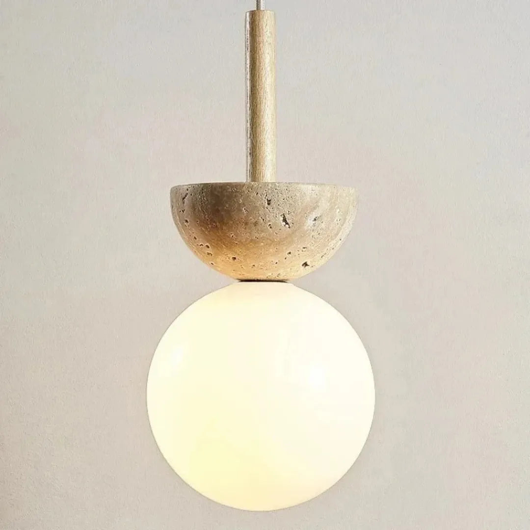 Luminária Pendente Bauhaus Pedra e Madeira LED Creme