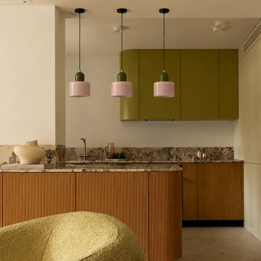 Luminária Pendente de Vidro Rosa e Verde Oliva Croma