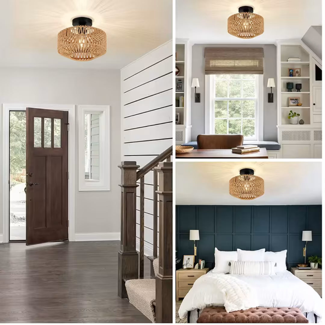 Plafon em rattan em sala de estar com luz suave LED — Tonzi