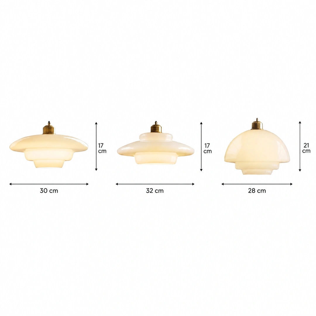 Medidas dos três modelos da Luminária Pendente Izo: 30 x 17 cm, 32 x 17 cm e 28 x 21 cm
