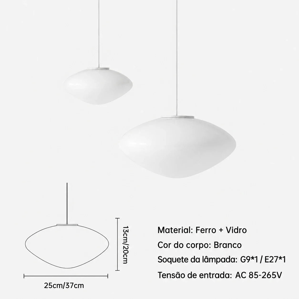 Medidas da luminária pendente Köben em vidro branco: diâmetros de 25 e 37 cm, alturas de 13 e 20 cm e tensão AC 85–265 V
